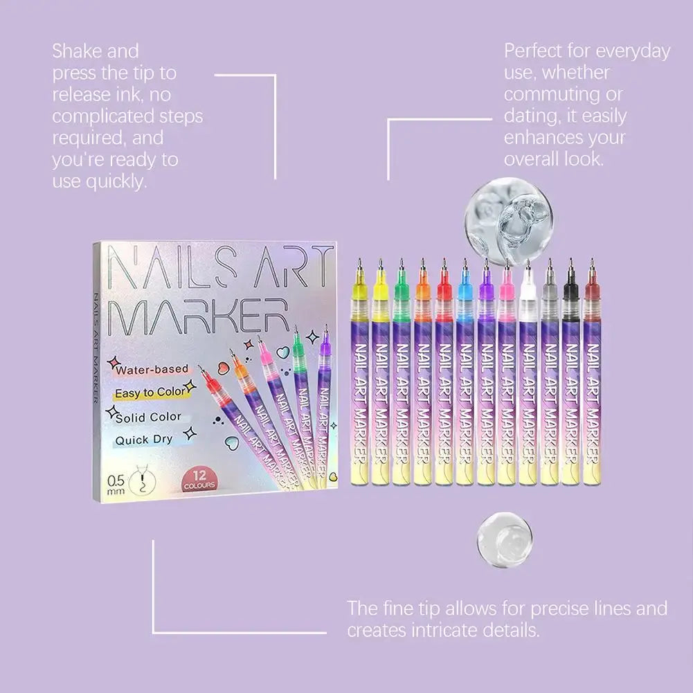 Pro Nail Art Marker Set – Precision Design Pens (12 Colors)