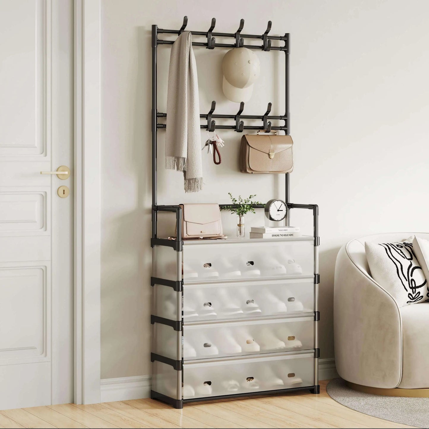 Entryway Shoe Rack with Coat Hooks
